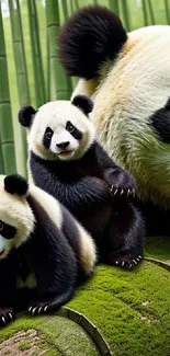 Panda family with cubs in bamboo forest wallpaper