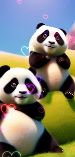 Adorable pandas with hearts on a vibrant fantasy background.