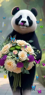 Cute panda holding a colorful flower bouquet in a green forest.