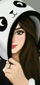 Digital art of a girl wearing a panda hoodie.