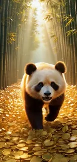 Panda walking through a golden coin-covered bamboo forest.