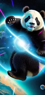 A playful panda floats in space with Earth, surrounded by stars and galaxies.