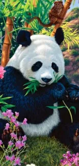 Cute panda in a lush bamboo forest with vibrant flowers.