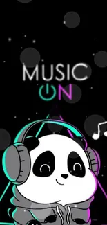 Cute panda with headphones on a black music-themed wallpaper.