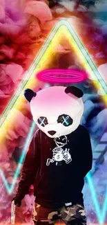 Neon panda with halo in vibrant color scheme.