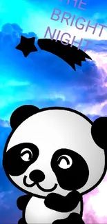 Whimsical panda with dreamy night sky background.