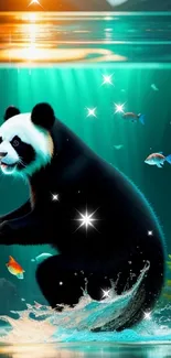 Swimming panda with fish in vibrant underwater scene.