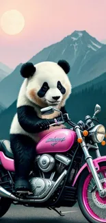 Panda rides a pink motorcycle in a mountain landscape.