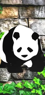 Panda illustration on stone with green ivy background.