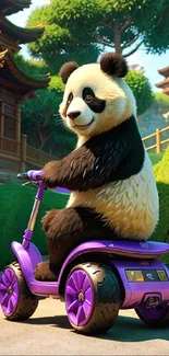 Whimsical panda riding a purple scooter in a scenic Asian garden.