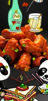 Playful panda cartoon with spicy wings.