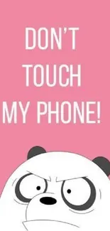 Cute cartoon panda with a bold phone warning on pink background.