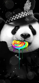 Funny panda with police hat and rainbow lollipop.