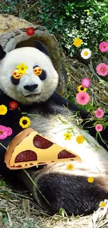 Panda lounging with pizza slice in forest setting.