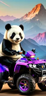 Panda on purple quad bike with scenic mountain background.