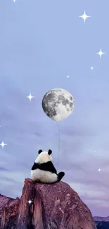 Panda sits on mountain holding moon balloon against twilight sky.