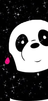 Cute panda with starry space background in black and white wallpaper.