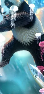 Panda surfing through ocean waves with jellyfish above.