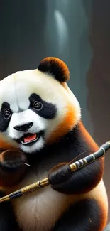 Panda warrior holding a fiery staff in a mystical setting.