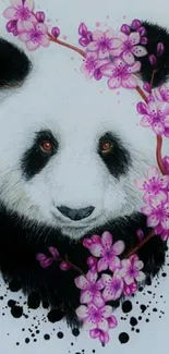 Panda surrounded by pink cherry blossoms with a serene artistic touch.