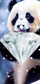 Panda holding diamond with snow falling.