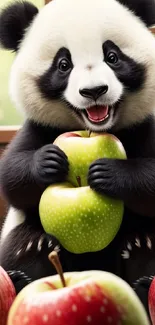 Cute panda with green apple, surrounded by apples.