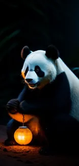 Panda in moonlit forest holding a glowing lantern.