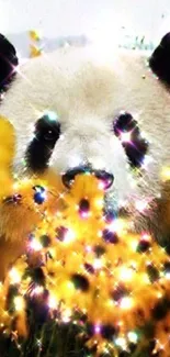 Panda peeking through sparkling yellow flowers.