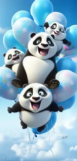 Playful pandas float with blue balloons in the sky.