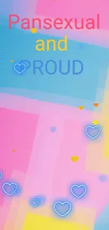 Vibrant wallpaper with pansexual pride colors and 'Pansexual and Proud' message.