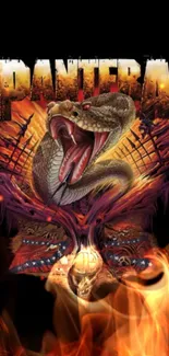 Pantera-inspired snake art with fiery background