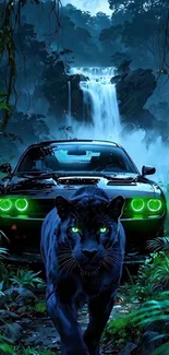 Black panther and car in jungle with waterfall backdrop.