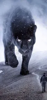 A mystical giant panther walks towards a traveler in a foggy mountain setting.