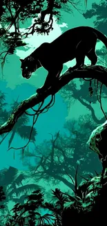 Panther perched on branch in a lush, green jungle silhouette.