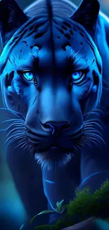 Blue panther with neon eyes in a jungle setting.