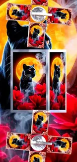 Black panther under an orange moon with red flowers and mystical smoke.