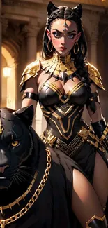 Fantasy warrior queen with panther in golden outfit.