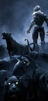 Warrior surrounded by black panthers in a dramatic scene.