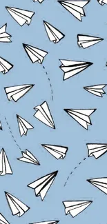 Playful paper planes on a blue sky background wallpaper.