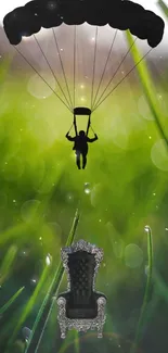 Silhouette of a parachutist descends onto a throne on a green grass background.