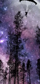 Silhouette of a parachutist against a starry night sky and purple galaxy backdrop.