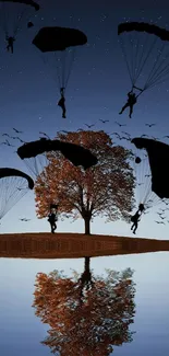 Silhouettes of parachutists against starry dusk with tree and reflection.