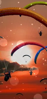 Colorful paragliders against a stunning sunset sky.