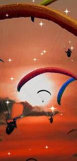 Colorful paragliders flying against a sunset sky.