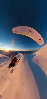 Paraglider soaring over snowy mountains at sunset, capturing breathtaking adventure.