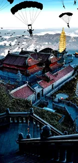 Breathtaking view of a temple on a mountain with paragliders above.