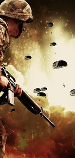 Paratrooper and parachutes in dramatic combat art.