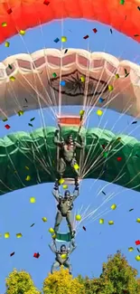 Paratroopers descending with colorful parachutes against a blue sky.