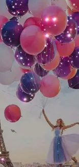 Woman with colorful balloons near Eiffel Tower, dreamy and whimsical.