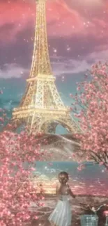 Paris scene with Eiffel Tower and cherry blossoms.